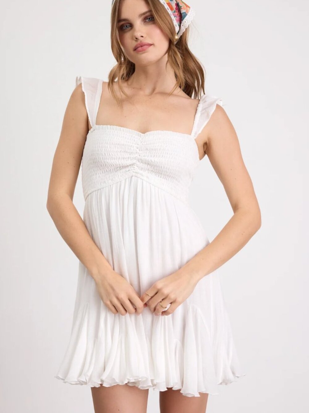 Lulus Myra White Smocked Babydoll Mini Dress in Medium